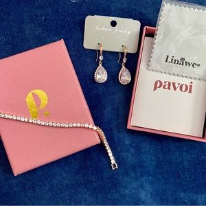 Stunning 14K rose gold plated CZ tennis bracelet + teardrop earring set